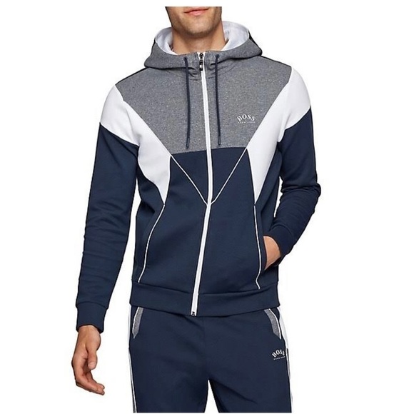 Boss men’s gray blue Colourblocked Cotton-Blend Hooded Sweatshirt Sz S - Picture 2 of 10